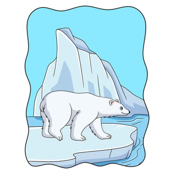 cartoon illustration Polar bear walking on ice cubes in the middle of the sea looking for fish for food vector