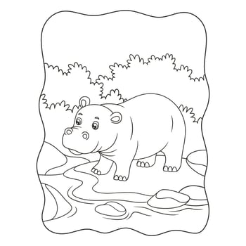 cartoon illustration a hippopotamus walking by the river in the middle of the forest book or page for kids black and white vector