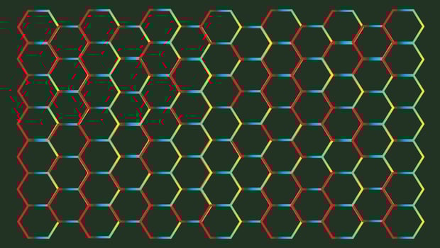 Seamless hexagon pattern raibow background black.For Rainbow honeycombs on a dark background. Vector Illustration..