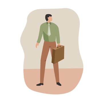 Young man in suit with bag isolated on white background. Businessman, manager, office worker, leader in flat style. Vector illustration.