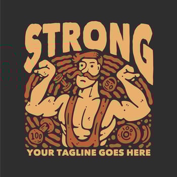 t shirt design strong with body builder doing bicep pose with gray background vintage illustration vector