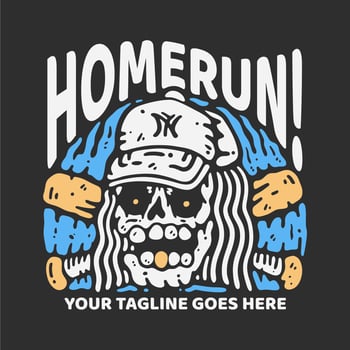 t shirt design home run with skull wearing baseball hat with gray background vintage illustration vector