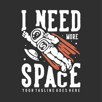 t shirt design i need more space with with flying spaceman wearing cloak with gray background vintage illustration vector