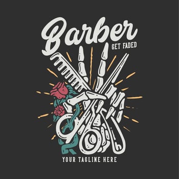 t shirt design barber get faded with skull hand holding a scissor and comb with gray background vintage illustration vector