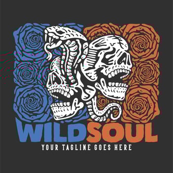 t shirt design wild soul with snake between 2 skull with gray background vintage illustration vector