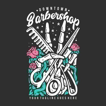 t shirt design downtown barbershop with skull hand holding a scissor and comb with gray background vintage illustration vector