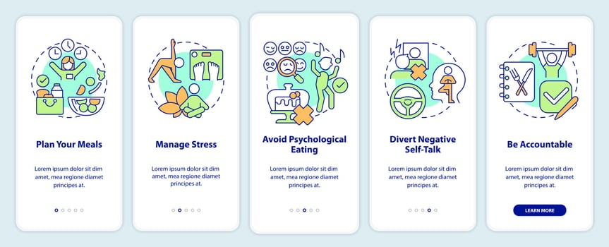 Maintaining weight after diet onboarding mobile app screen. Walkthrough 5 steps graphic instructions pages with linear concepts. UI, UX, GUI template. vector