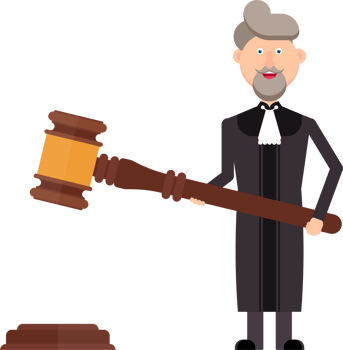 Judge character holding a gavel in his hands vector illustration png