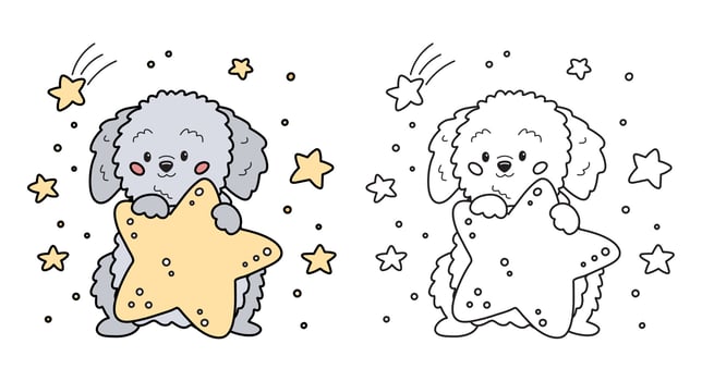 Coloring page for children. Cute cartoon dog with stars. Labradoodle puppy character. Vector illustration for preschool children, game, print and education.