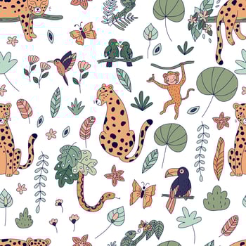 Seamless pattern with cute jungle animals. Rainforest exotic plants and flowers. Doodle cartoon leopards, monkey, toucan, parrots, chameleon, hummingbird and snake on white background. vector