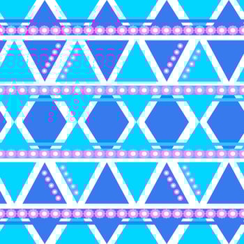 Seamless pattern blue diamond or triangle shape, white border on light blue background and decorated with pink flowers. vector