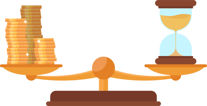 Balance scale with gold coins and hourglass png