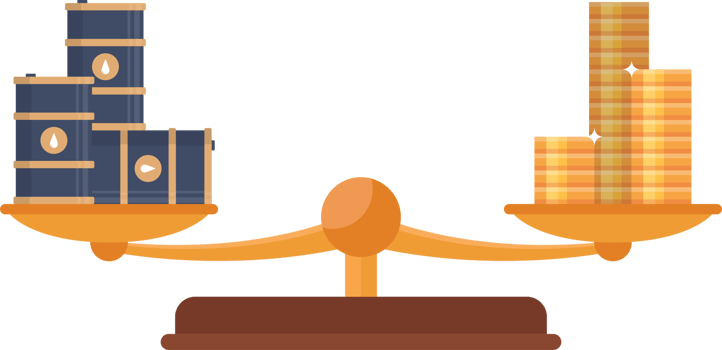 Balance scale with gold coins and oil barrels png