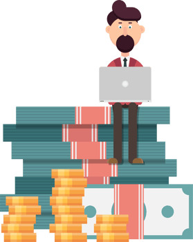 Businessman with laptop standing on a huge pile of money png