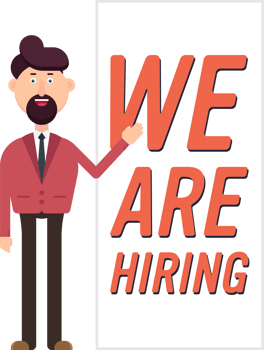 Happy businessman show a banner with hiring text png