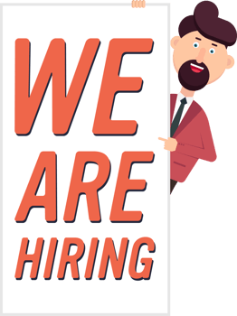 Happy businessman show a banner with hiring text png