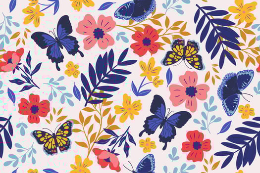 Seamless pattern with butterflies and flowers. Vector graphics.