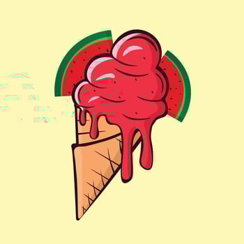 Melting ice cream balls in the waffle cone with watermelon slice isolated on yellow background. Vector flat outline icon. Comic character in cartoon style illustration for t shirt design