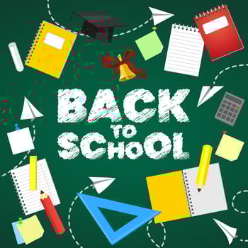Back to school chalk hand drawn icons set isolated on green chalkboard background. Text book, note, pencil, ruler, bell, calculator, paper plane vector illustration.