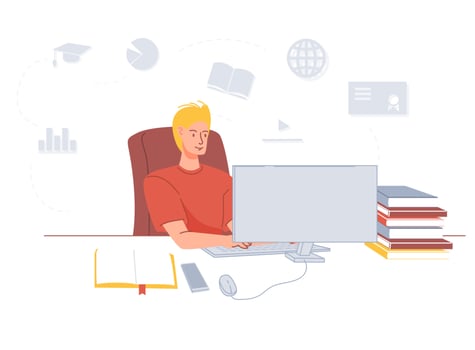 Young man studying using laptop online education vector