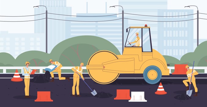 Builder working at road autobahn construction site vector
