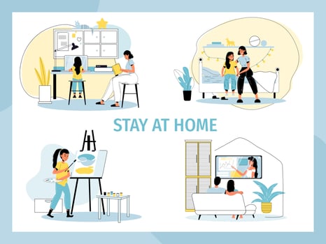 People stay home social motivation poster set vector