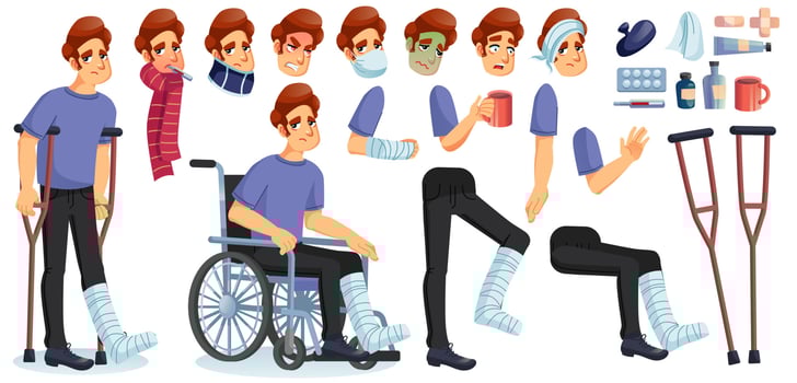 Young sick man animated character creation set vector