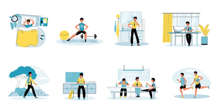 Young schoolboy daily schedule activity scene set vector