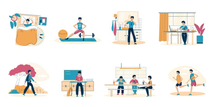 Schoolboy everyday healthy schedule scene set vector