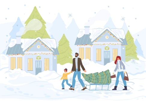 Flat cartoon characters happy holidays vector illustration concept