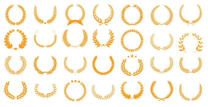 A large set of golden laurel wreaths of the winner. Award logo design. First place symbol. Celebration of decorative traditional stained glass greetings. Laurel wreath award. vector