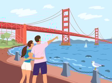 Bridge Golden Gate across the strait. San Francisco. The boy and girl are looking at the bridge. Vector illustration.