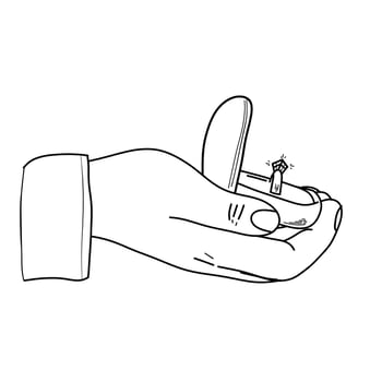 man putting engagement ring on woman hand, outdoor. marriage proposal. doodle Graphic vector illustration. Line art, Sketch. Wedding ring. Hand draw vector illustration. Vector illustration