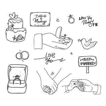 Hand Drawn Wedding Marriage Icons Set Full Color Sketched Illustrations Collection hands, cake, rings, birds. Vector illustration