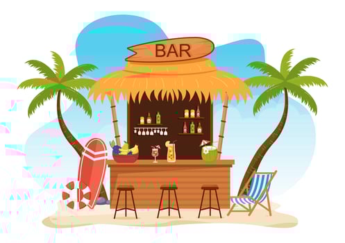 Tropical Bar or Pub in Beach with Alcohol Drinks Bottles, Bartender, Table, Interior and Chairs by Seaside in Flat Cartoon Illustration vector