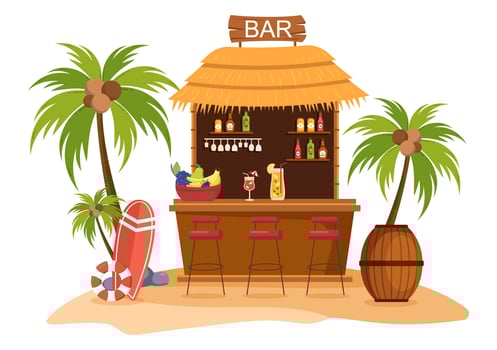 Tropical Bar or Pub in Beach with Alcohol Drinks Bottles, Bartender, Table, Interior and Chairs by Seaside in Flat Cartoon Illustration vector