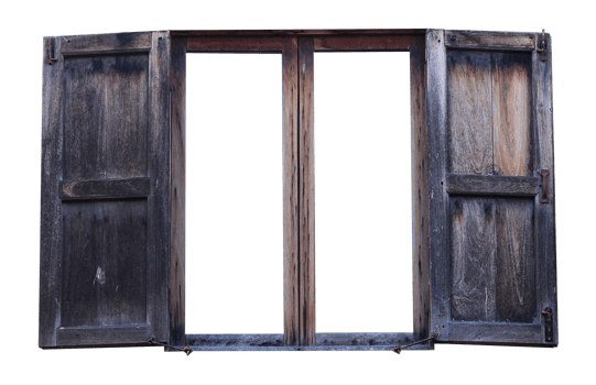 Open old window on brick wall on transparent background png file