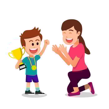 A mother is proud of her son who got trophy and gold medal vector