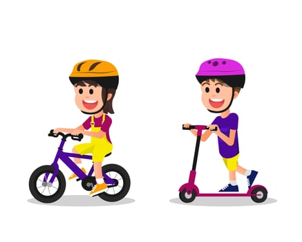 happy little girl and boy riding bicycle and scooter vector