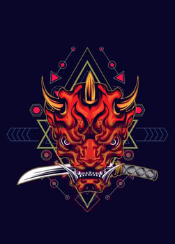 Demon oni mask with katana sword and sacred geometry pattern vector