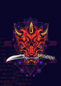 Demon oni mask with katana sword and sacred geometry pattern vector