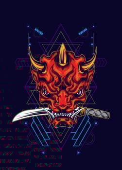 Demon oni mask with katana sword and sacred geometry pattern vector