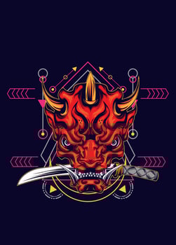 Demon oni mask with katana sword and sacred geometry pattern vector