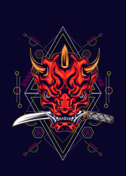 Demon oni mask with katana sword and sacred geometry pattern vector