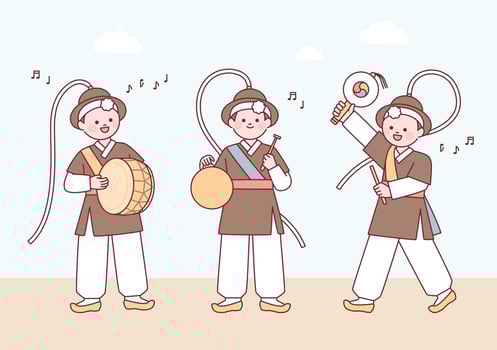 A band wearing traditional Korean clothes and performing traditional music. vector