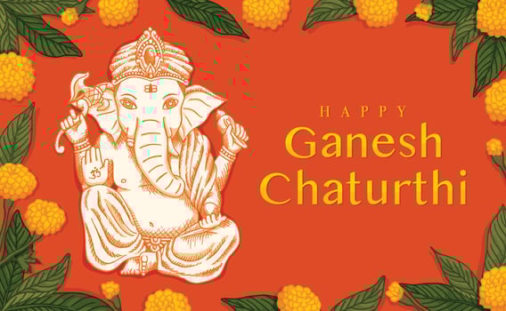 celebrate Ganesh Chaturthi elephant worship with worship  yellow flowers and mango leaf  retro old line art etching vector