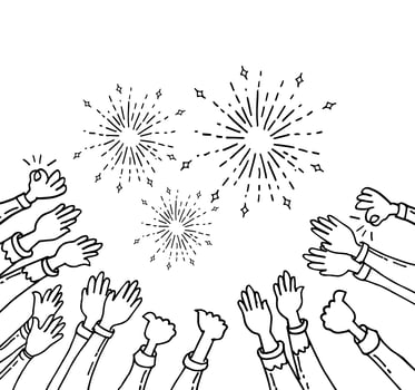 doodle set of hands clapping. hands up applause. thumbs up in hand draw style with fire work element. on white background vector