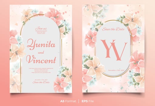Watercolor wedding invitation template with colorful flower ornament vector