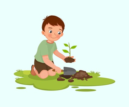 cute little boy with shovel planting young tree seedlings in the garden vector