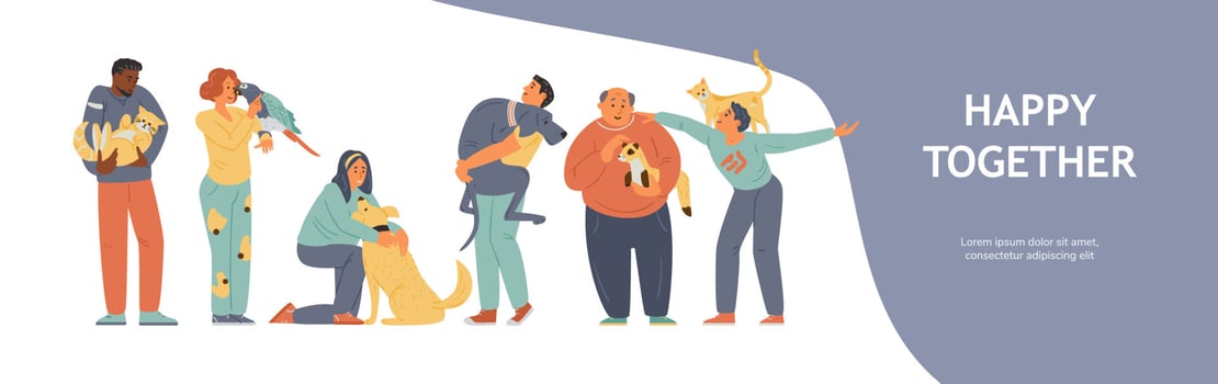 Vector Banner With Happy Pet Owners Holding Hugging Their Animals.